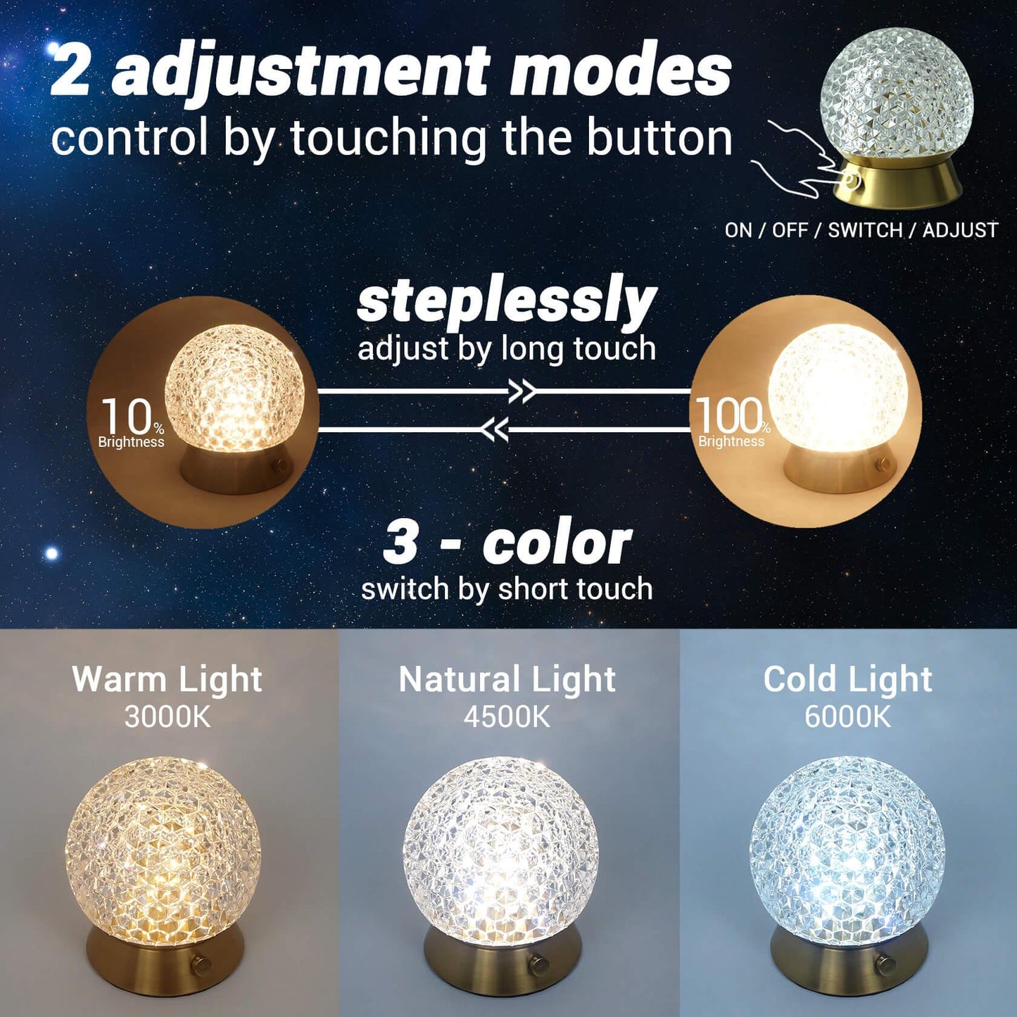 Cordless Rechargeable Lamp, Shining Star-Amingulry, it has 3 color modes and steplessly brightness adjustment, swift by touching the button.