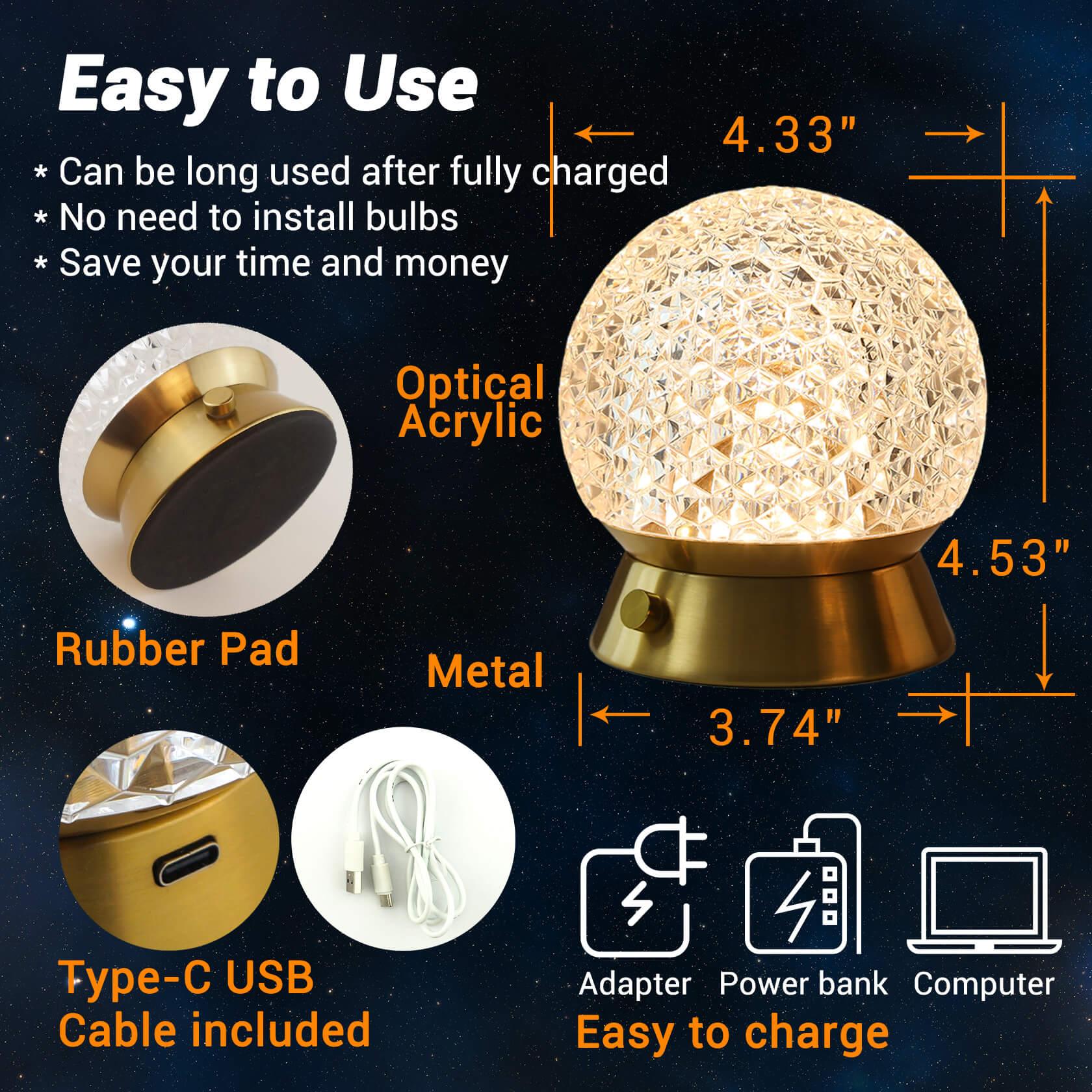 Cordless Rechargeable Lamp, Shining Star-Amingulry, it has a rubber pad, USB-C port and cable, it is about 4.5" height and 4.3" width.