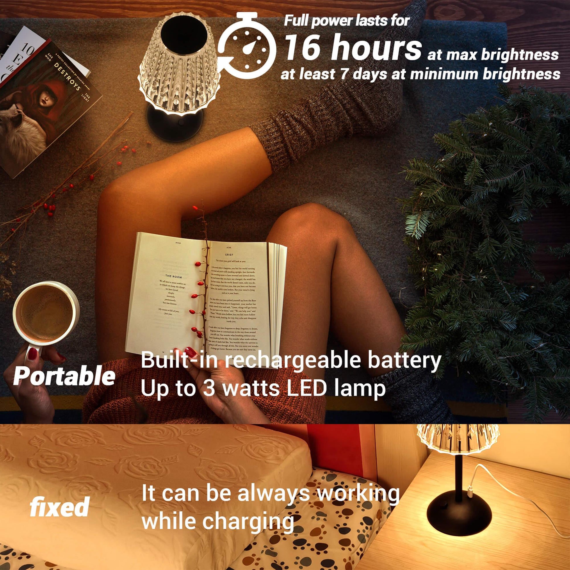 Cordless Rechargeable Lamp, Diamond-Black-Amingulry, the lamp build-in a 4000mAh battery, last for more than 16 hours when cordless used.