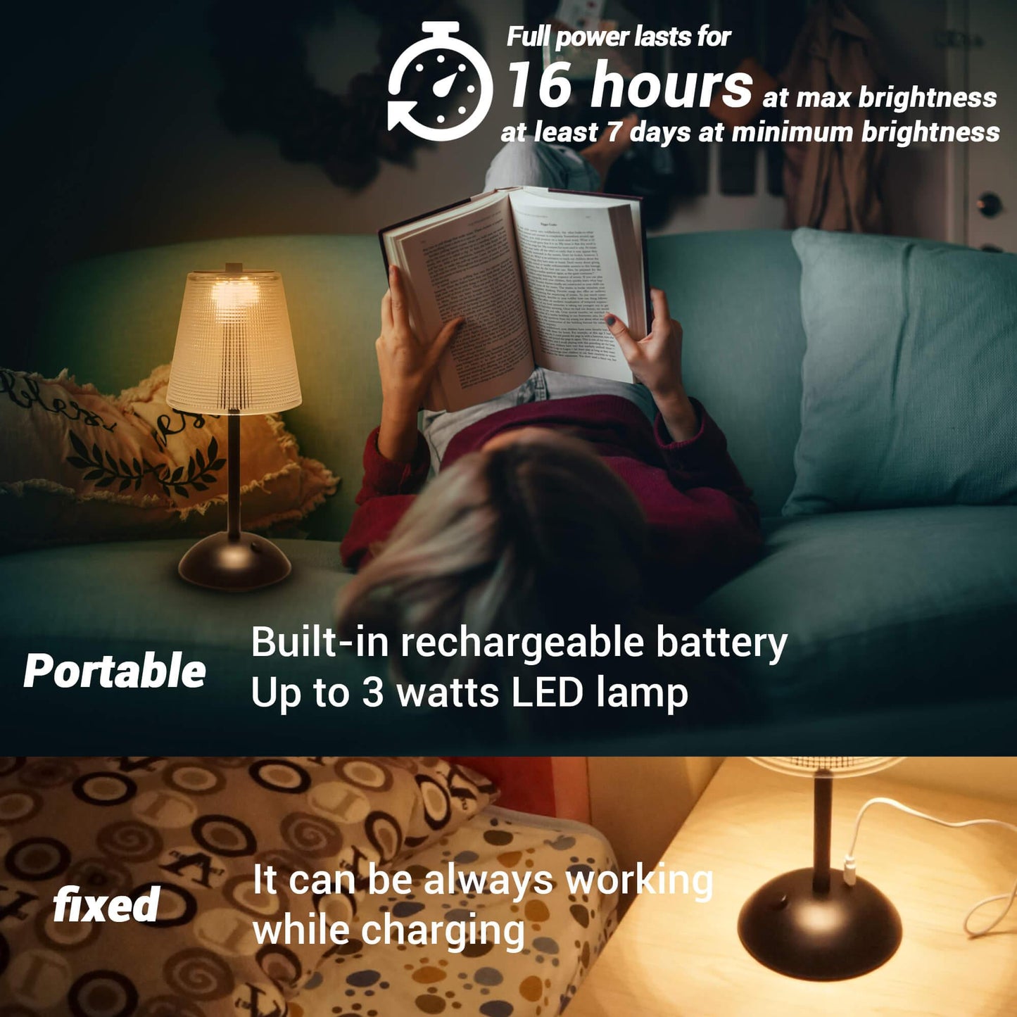 Cordless Rechargeable Lamp, Cube-Black-Amingulry, the lamp build-in a 4000mAh battery, last for more than 16 hours when cordless used.