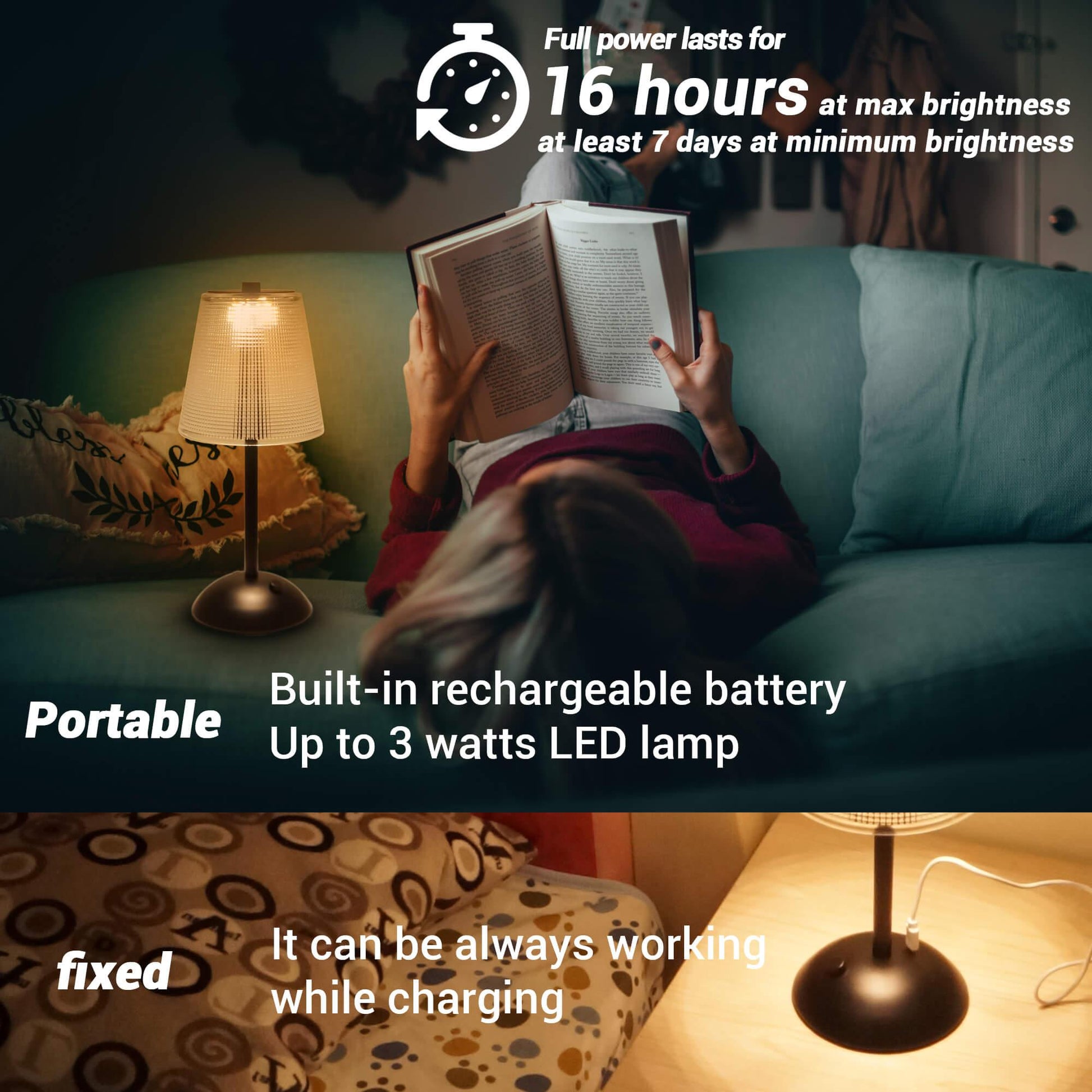 Cordless Rechargeable Lamp, Cube-Black-Amingulry, the lamp build-in a 4000mAh battery, last for more than 16 hours when cordless used.