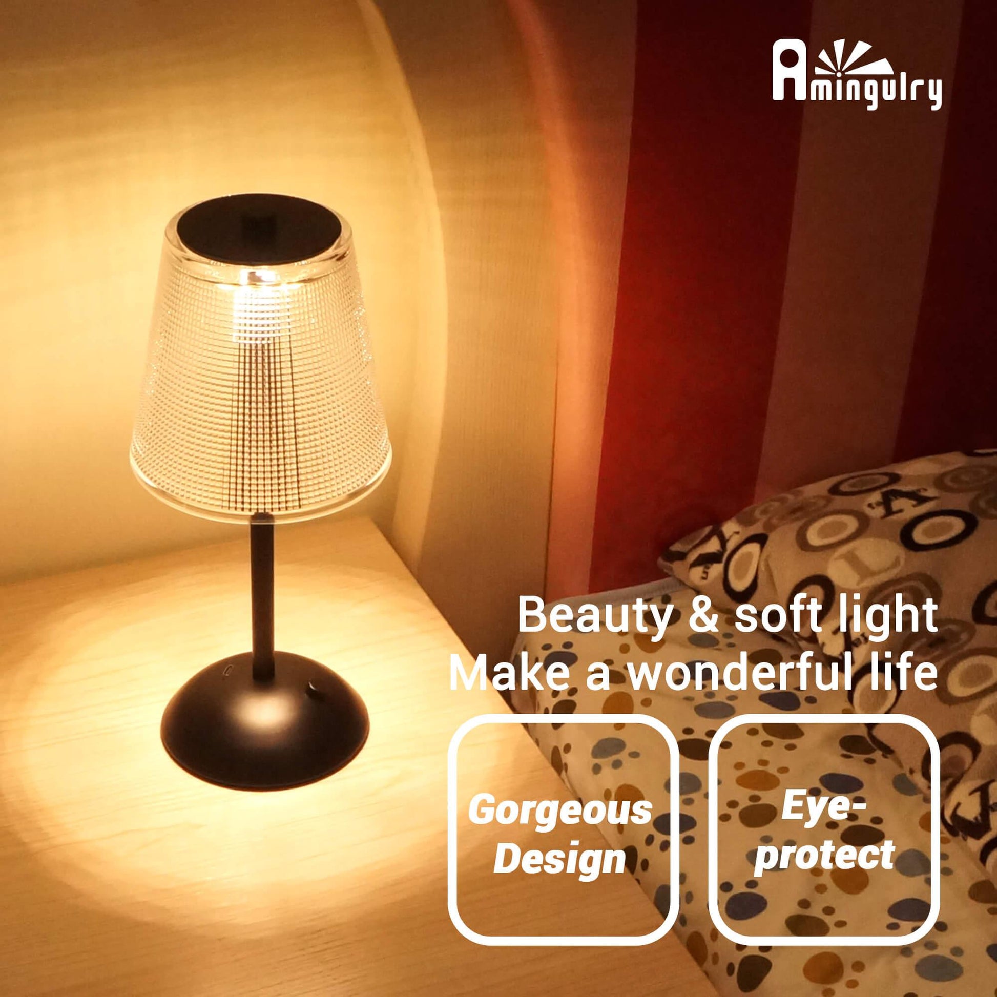 Cordless Rechargeable Lamp, Cube-Black-Amingulry, shining on beside table at bedroom.