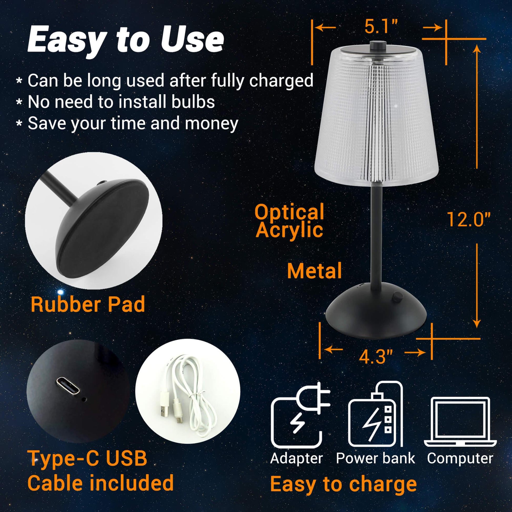 Cordless Rechargeable Lamp, Cube-Black-Amingulry, it has a rubber pad, USB-C port and cable, it is about 11.8" height and 5.1" width.