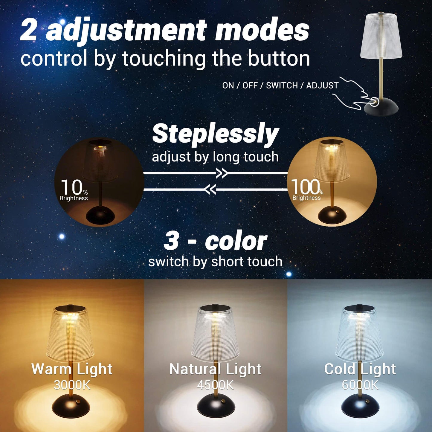 Cordless Rechargeable Lamp, Cube-Black&Gold-Amingulry, it has 3 color modes and steplessly brightness adjustment, swift by touching the button.