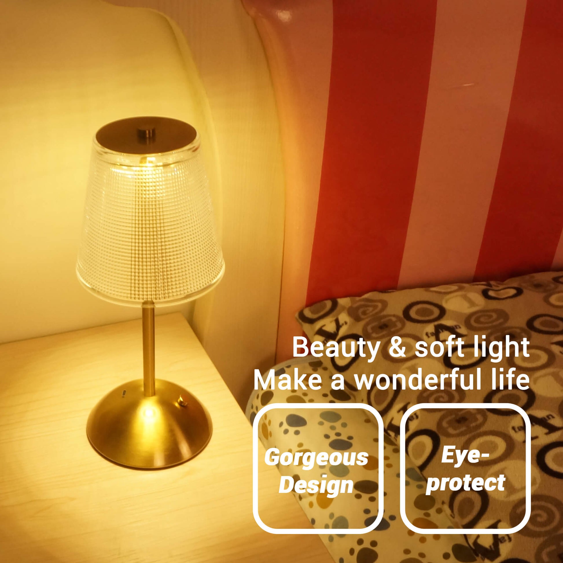 Cordless Rechargeable Lamp, Cube-Gold-Amingulry, the lamp build-in a 2000mAh battery, last for more than 6 hours when cordless used.
