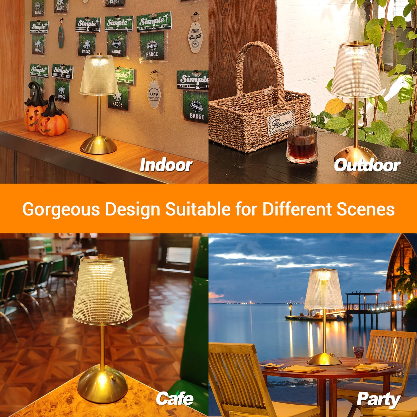 Cordless Rechargeable Lamp, Cube-Gold-Amingulry, shining on beside table at bedroom.