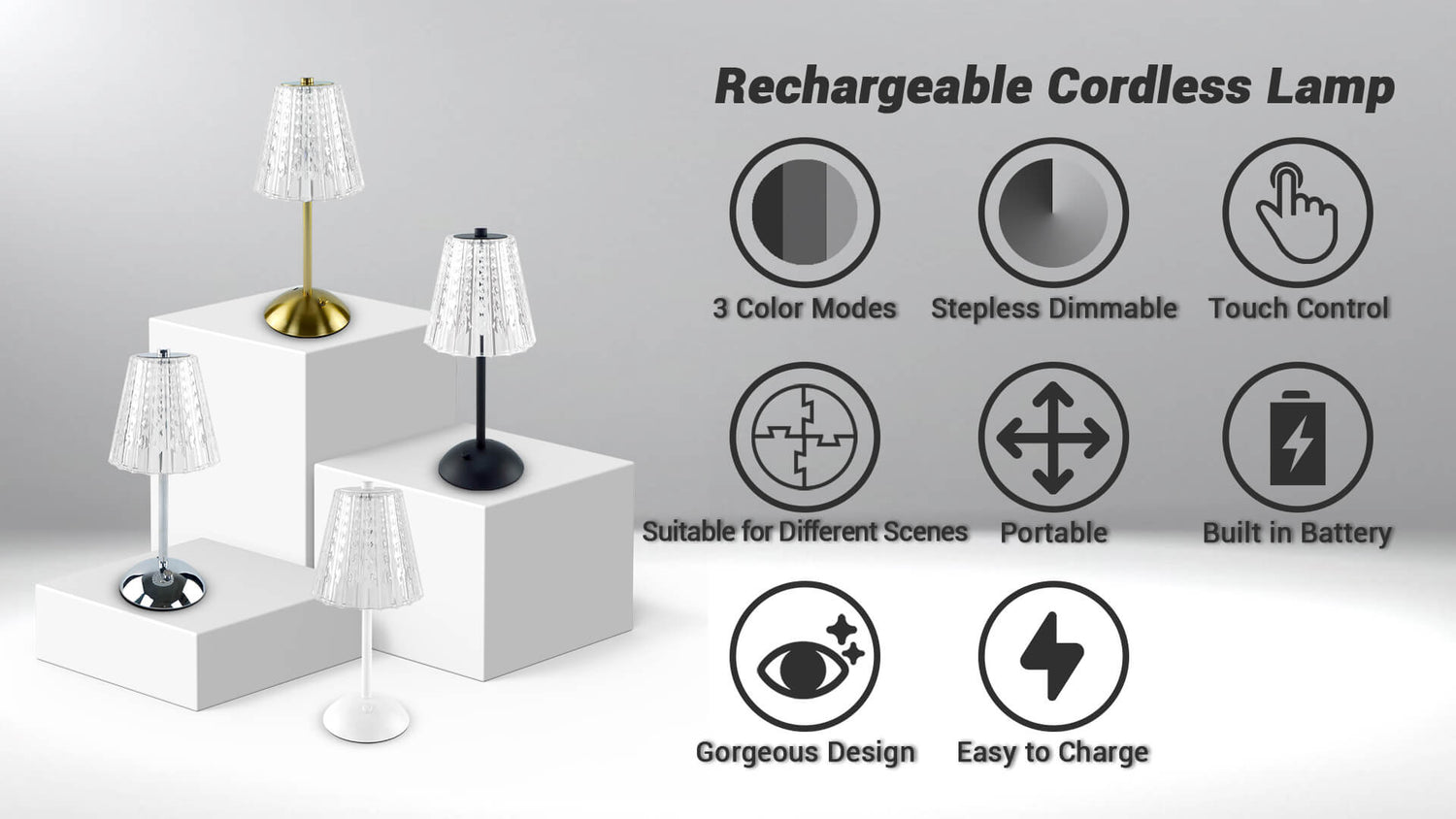 Cordless-Rechargeable-Battery-Modern lamp collection's movie key view, showing the color options and features of this series.