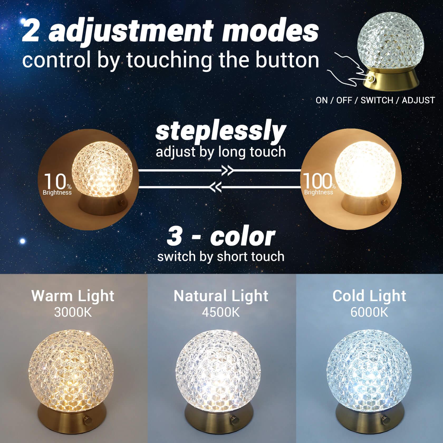 Cordless Rechargeable Lamp, ‎Shining Star-Amingulry, it has 3 color modes and steplessly brightness adjustment, swift by touching the button.