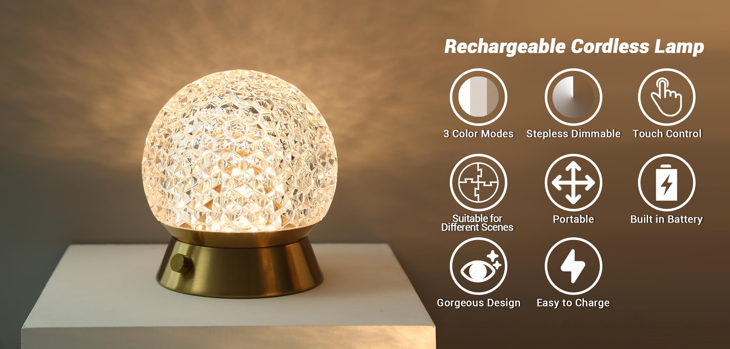 Cordless-Rechargeable-Battery-Cute lamp's key view, showing the features of this series.