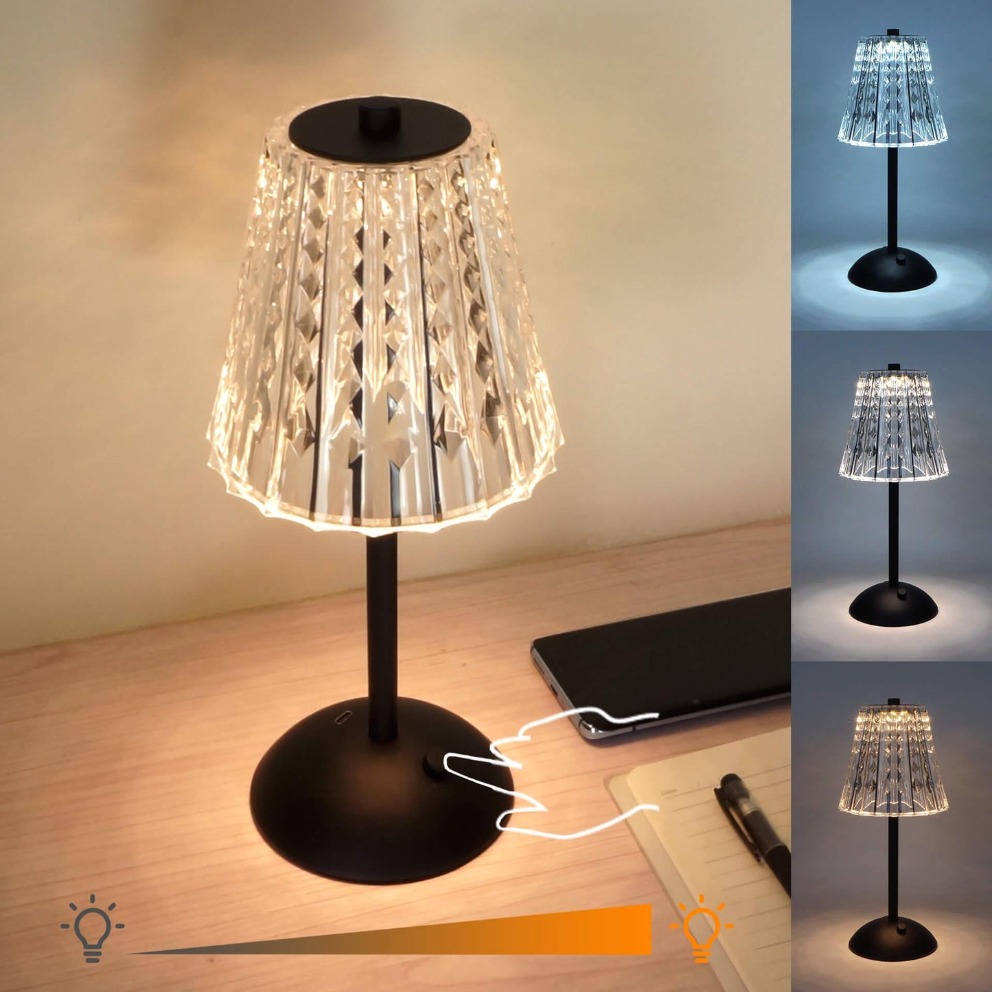 Cordless Rechargeable Lamp, Diamond-Black-Amingulry, the Black cordless lamp which has 3 color modes is placed on a table, illuminating and decorating the desk.