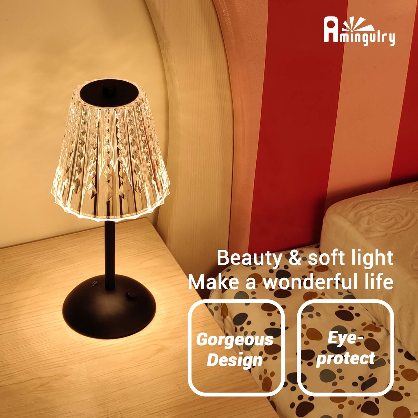 Cordless Rechargeable Lamp, Diamond-Black-Amingulry, shining on beside table at bedroom.