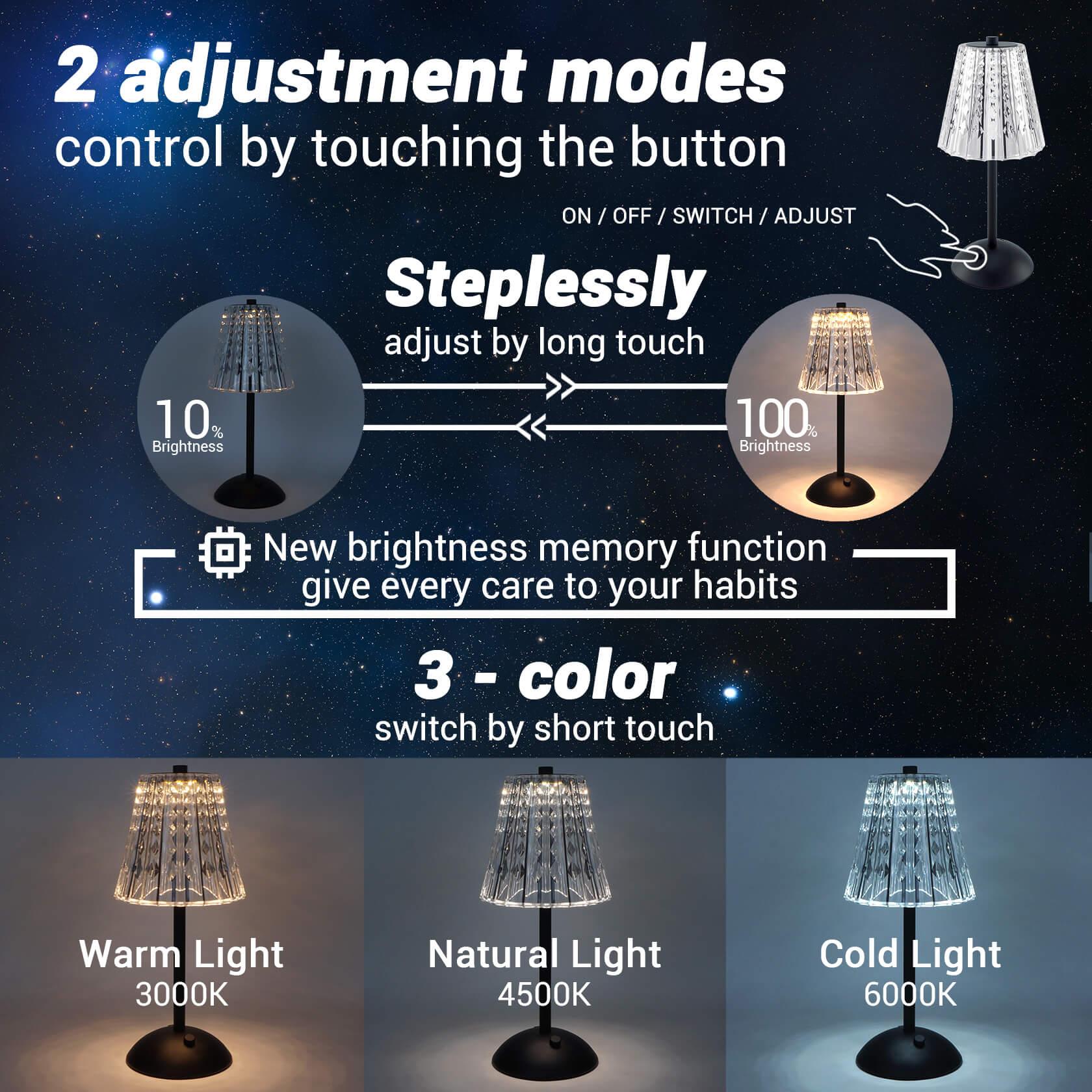 Cordless Rechargeable Lamp, Diamond-Black-Amingulry, it has 3 color modes and steplessly brightness adjustment, swift by touching the button.