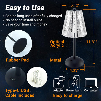 Cordless Rechargeable Lamp, Diamond-Black-Amingulry, it has a rubber pad, USB-C port and cable, it is about 11.8" height and 5.1" width.