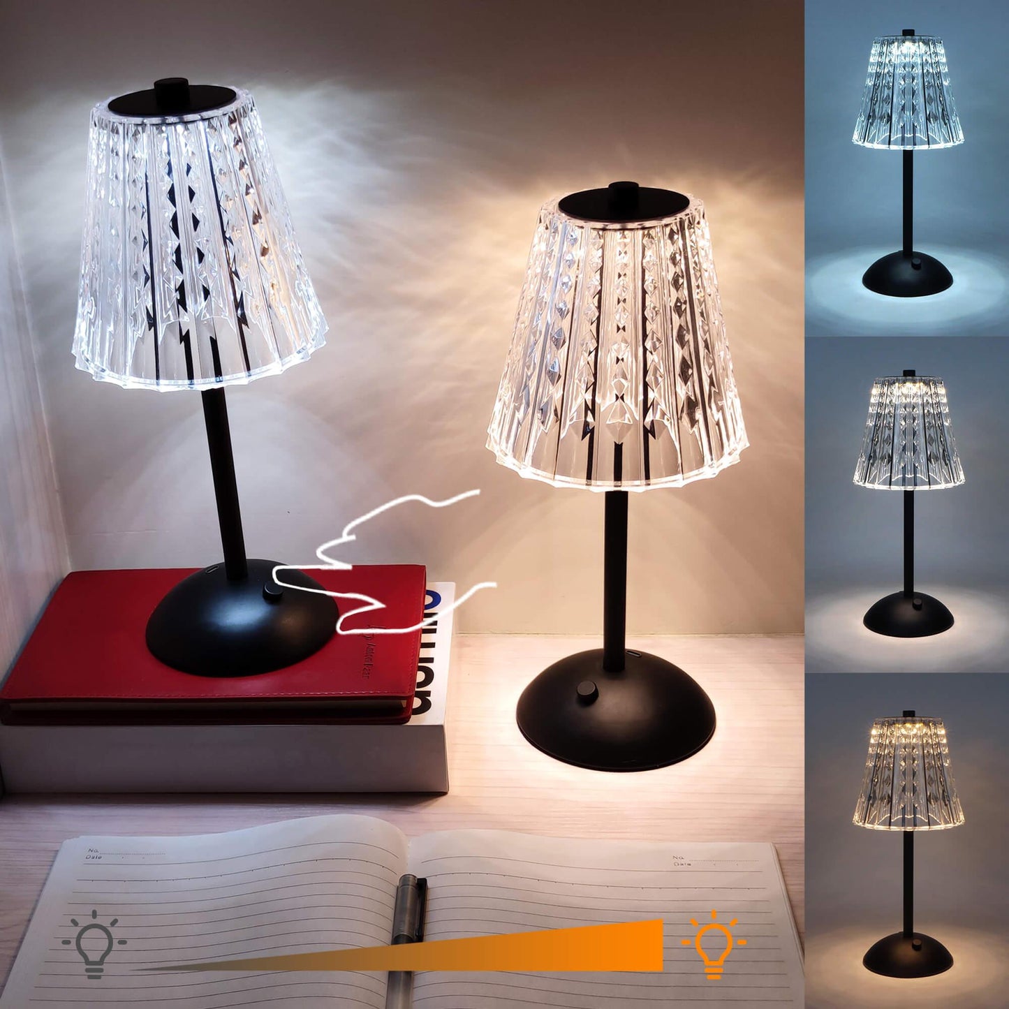 Cordless Rechargeable Lamp, Diamond-Black-Amingulry, the Black cordless lamp which has 3 color modes is placed on a table, illuminating and decorating the desk. Two 4000mAh lamps in one package.