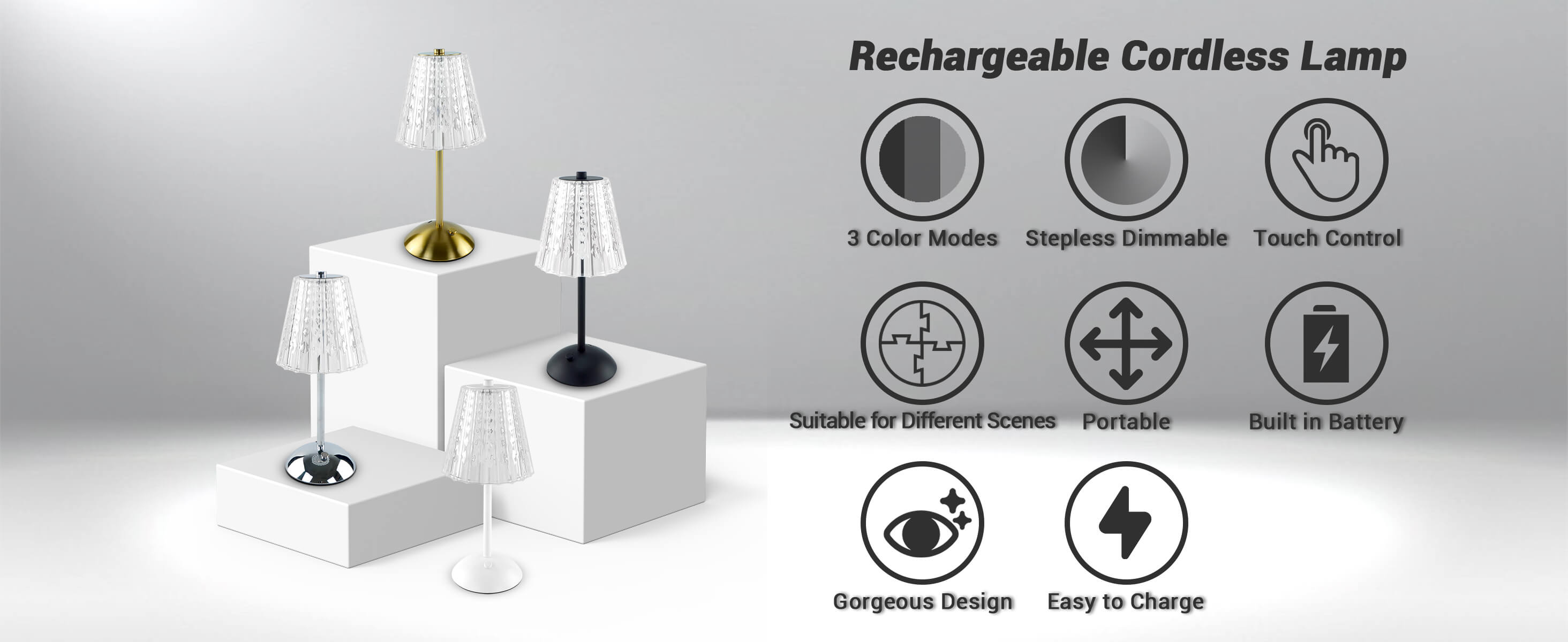 Cordless-Rechargeable-Battery-Modern lamp collection's key view, showing the color options and features of this series.