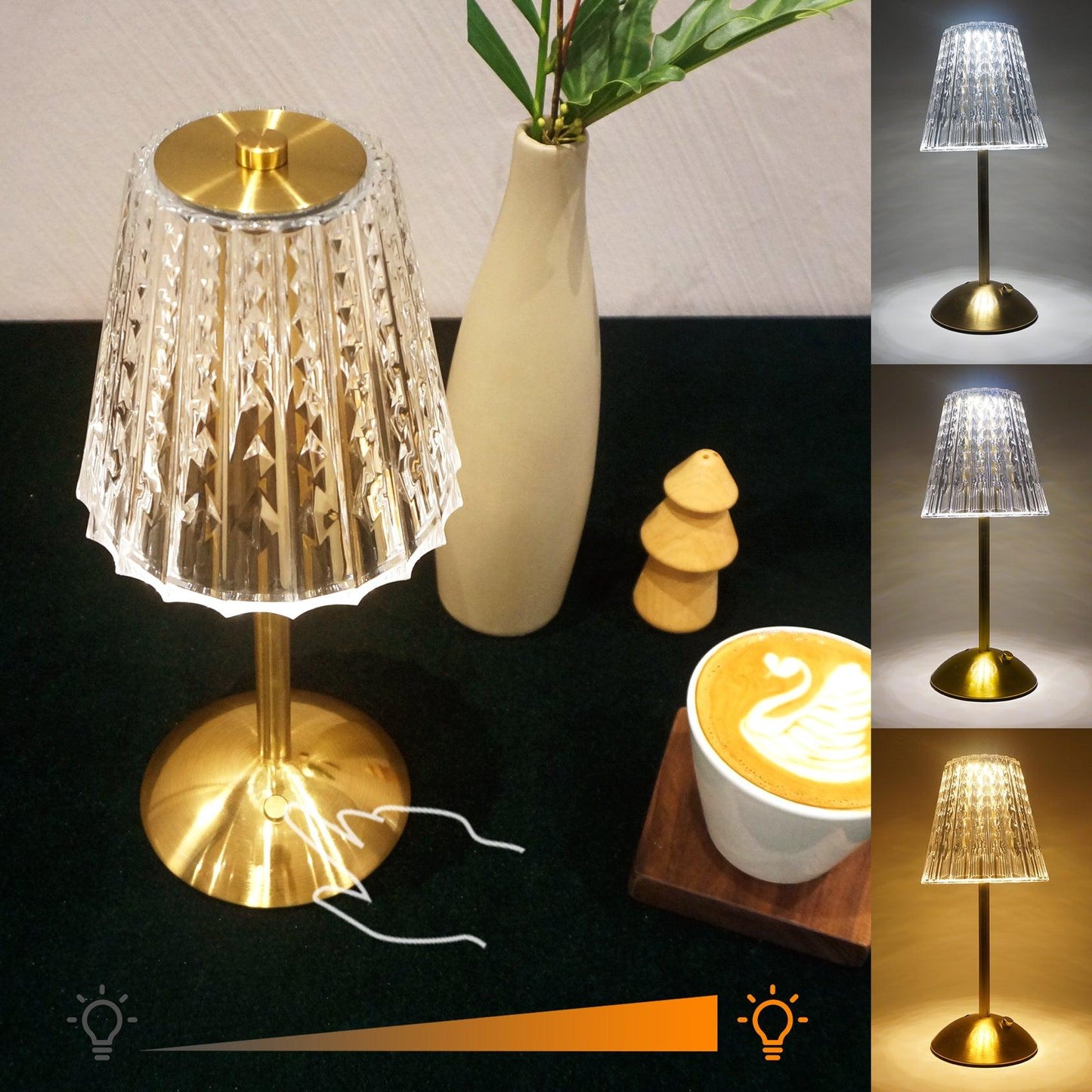 Cordless-Rechargeable-Battery-Modern-Gold-2000mAh. The golden cordless lamp which has 3 color modes is placed on a coffee table, illuminating and decorating the cafe.