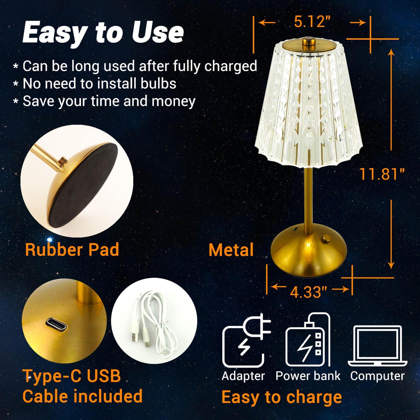 Cordless-Rechargeable-Battery-Modern-Gold-2000mAh, it has a rubber pad, USB-C port and cable, it is about 11.8" height and 5.1" width.