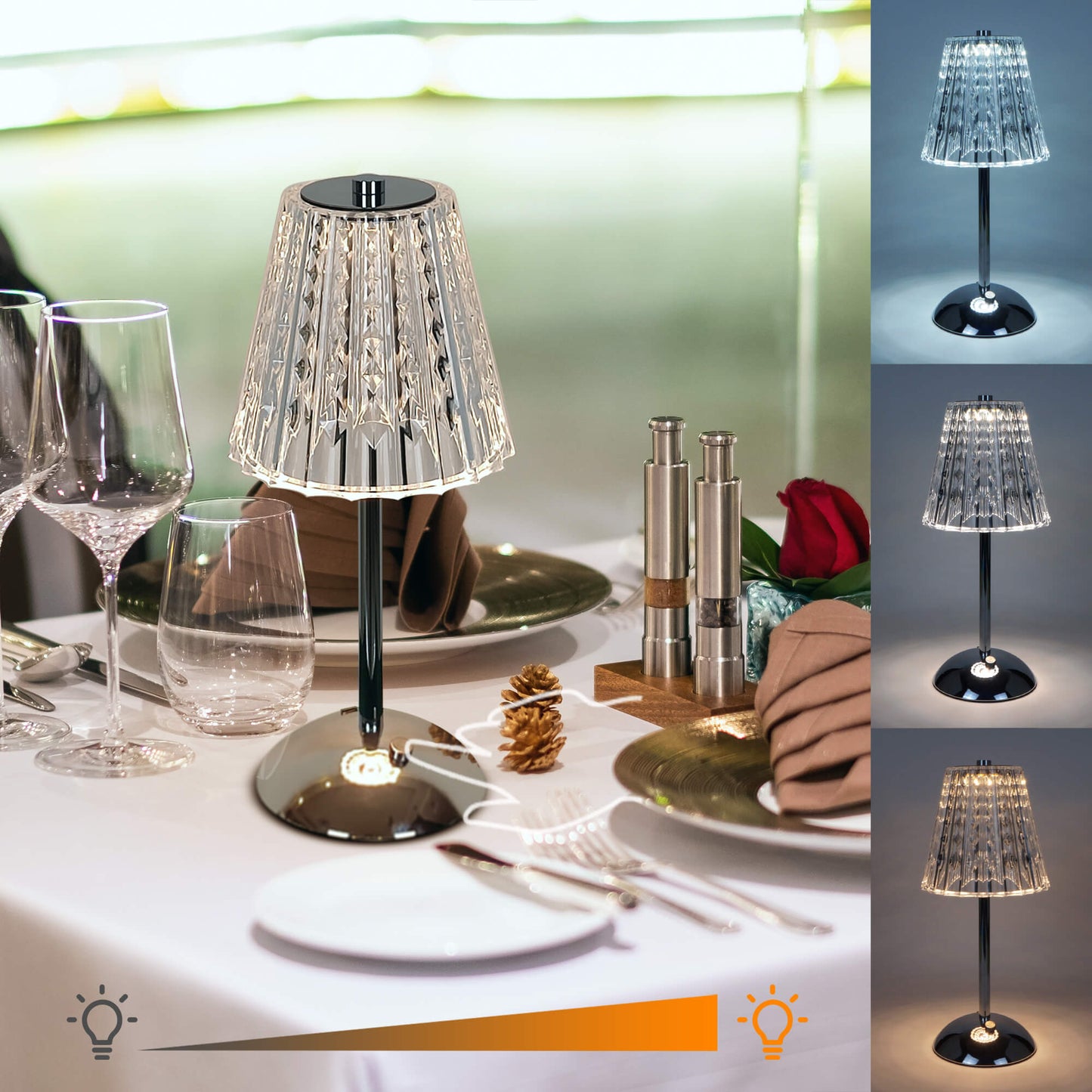 Cordless Rechargeable Lamp, Diamond-Silver-Amingulry, the Silver cordless lamp which has 3 color modes is placed on a table, illuminating and decorating the restaruant.