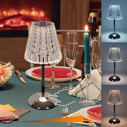 Cordless Rechargeable Lamp, Diamond-Silver-Amingulry, the Silver cordless lamp which has 3 color modes is placed on a table, illuminating and decorating the dinner.