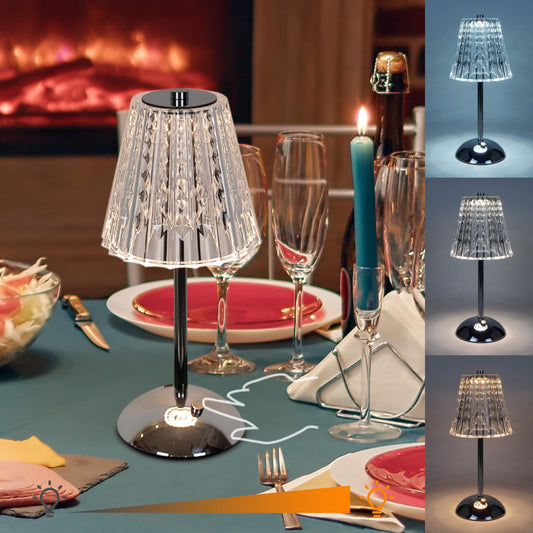 Cordless Rechargeable Lamp, Diamond-Silver-Amingulry, the Silver cordless lamp which has 3 color modes is placed on a table, illuminating and decorating the dinner.