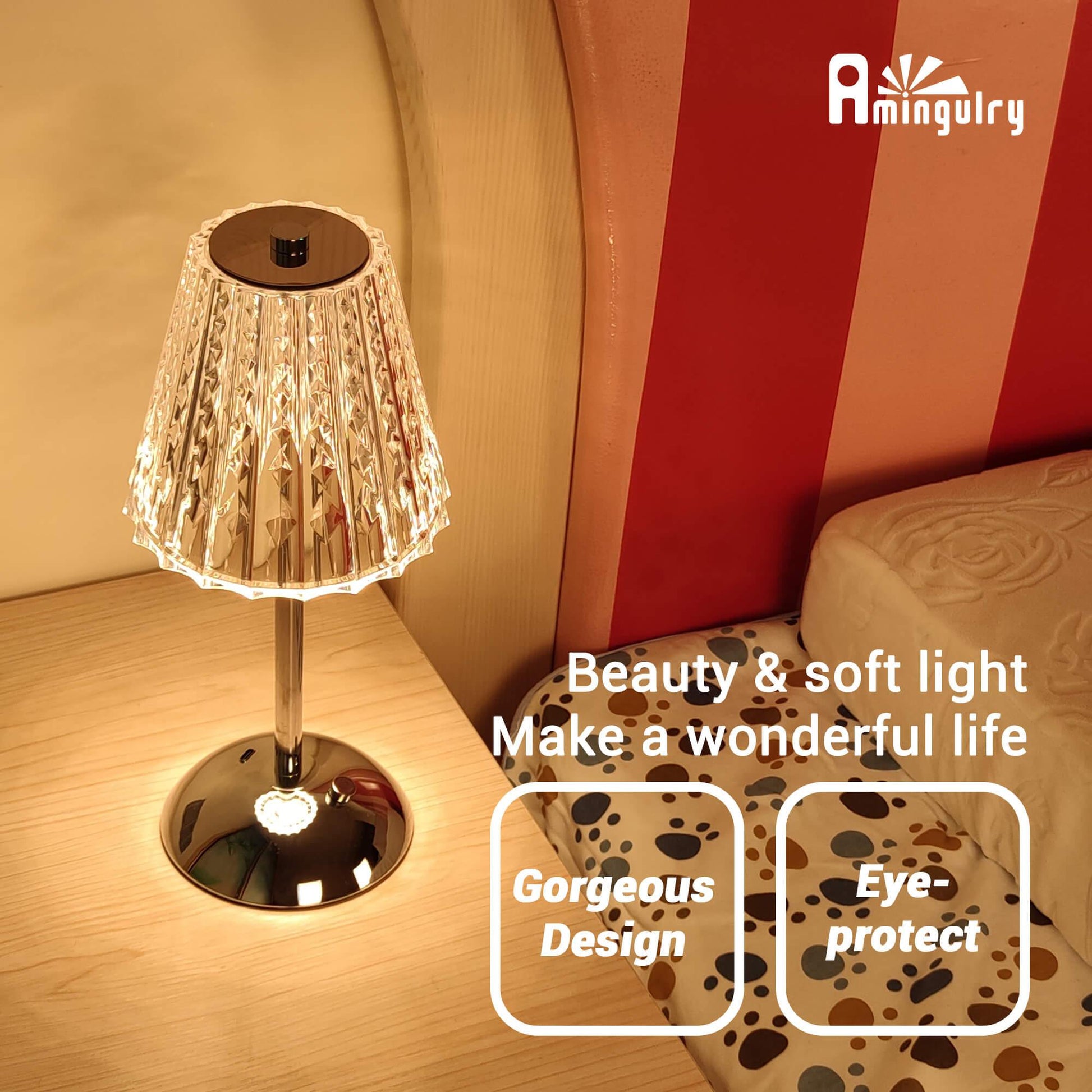 Cordless Rechargeable Lamp, Diamond-Silver-Amingulry, shining on beside table at bedroom.