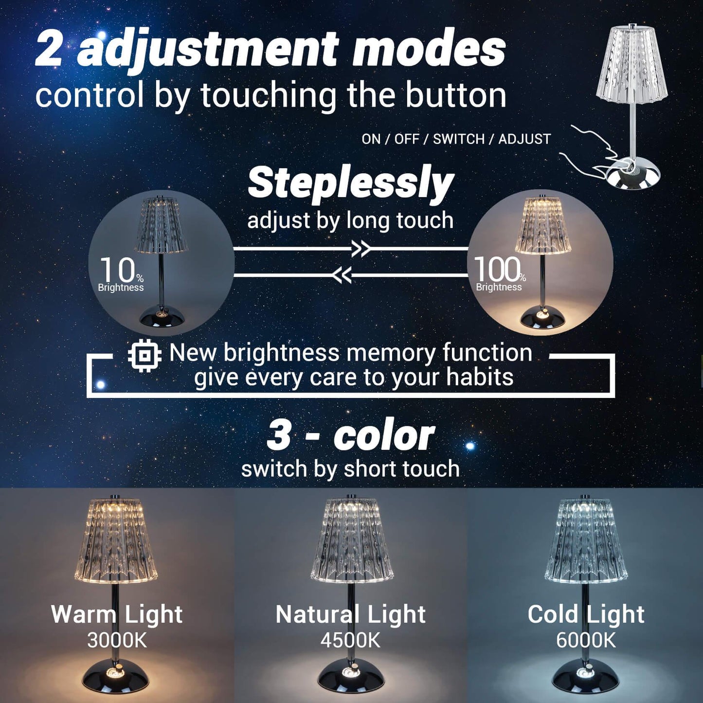 Cordless Rechargeable Lamp, Diamond-Silver-Amingulry, it has 3 color modes and steplessly brightness adjustment, swift by touching the button.