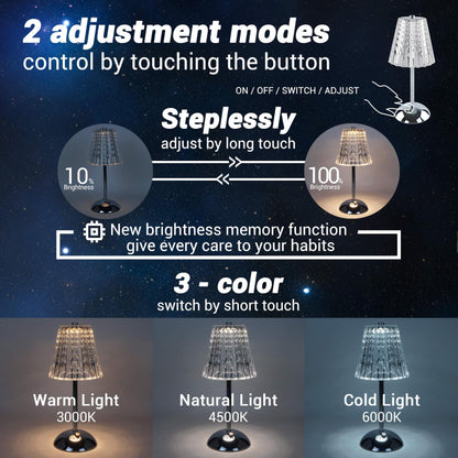 Cordless Rechargeable Lamp, Diamond-Silver-Amingulry, it has 3 color modes and steplessly brightness adjustment, swift by touching the button.