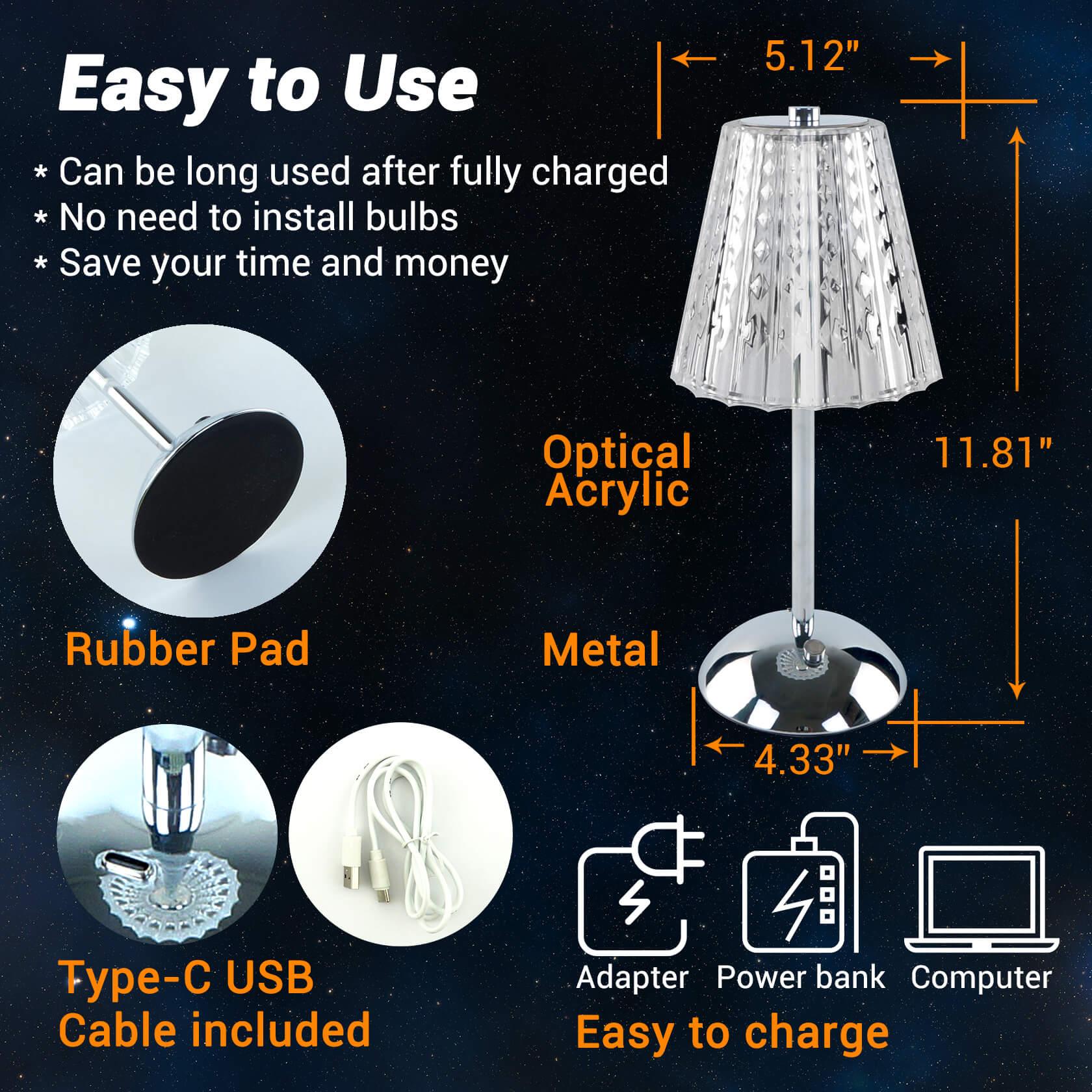 Cordless Rechargeable Lamp, Diamond-Silver-Amingulry, it has a rubber pad, USB-C port and cable, it is about 11.8" height and 5.1" width.