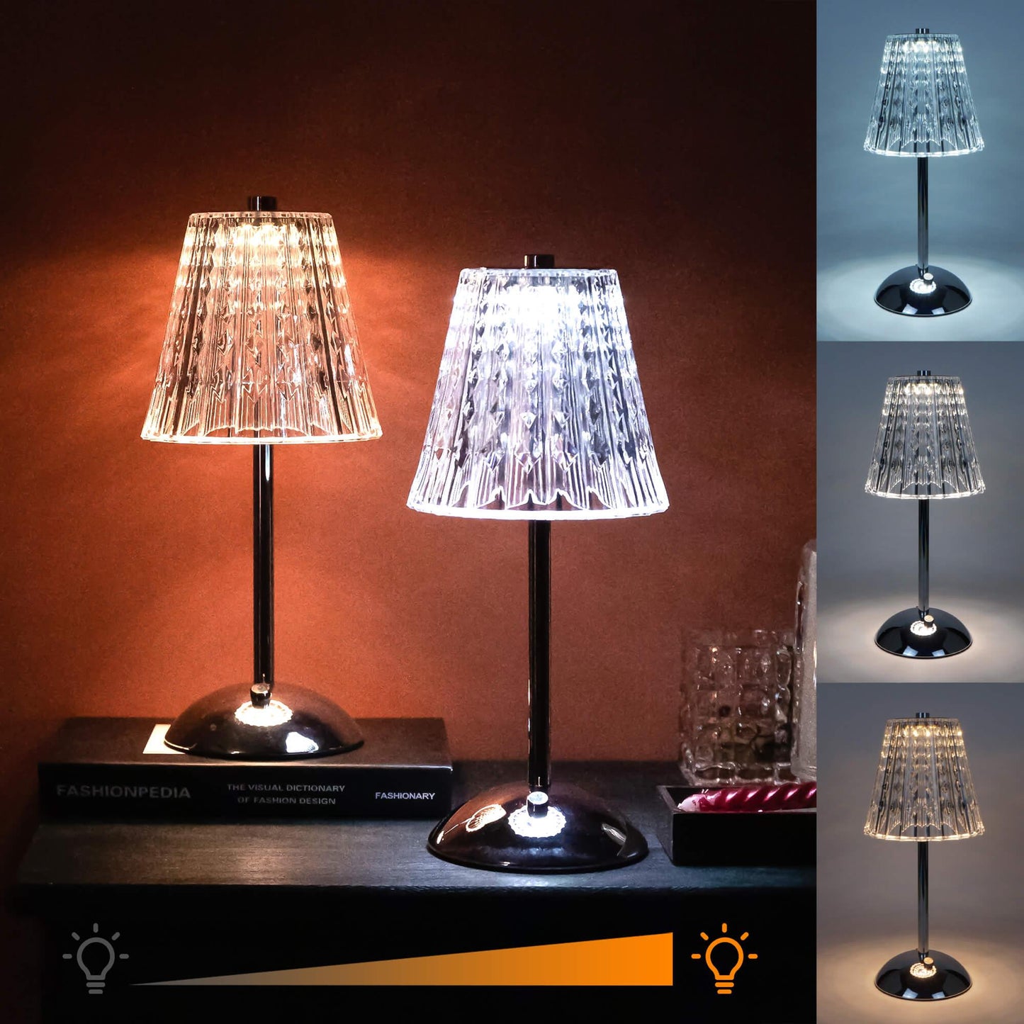 Cordless Rechargeable Lamp, Diamond-Silver-Amingulry, the Black cordless lamp which has 3 color modes is placed on a table, illuminating and decorating the desk. Two 4000mAh lamps in one package.