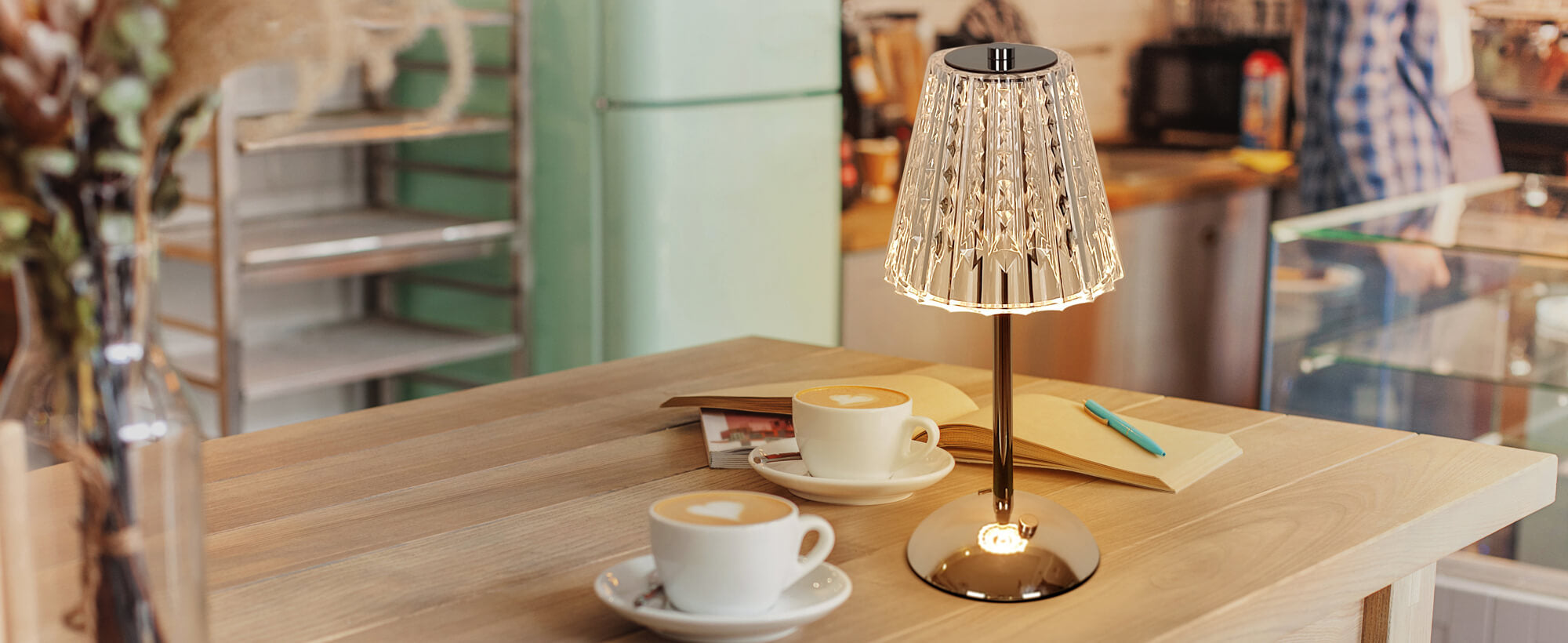 Cordless-Rechargeable-Battery, Modern-Silver-Amingulry lamp, lighting on Cafe table.