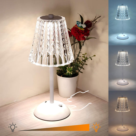 Cordless Rechargeable Lamp, Diamond-White-Amingulry, the White cordless lamp which has 3 color modes is placed on a table, illuminating and decorating the table.