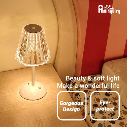 Cordless Rechargeable Lamp, Diamond-White-Amingulry, shining on beside table at bedroom.