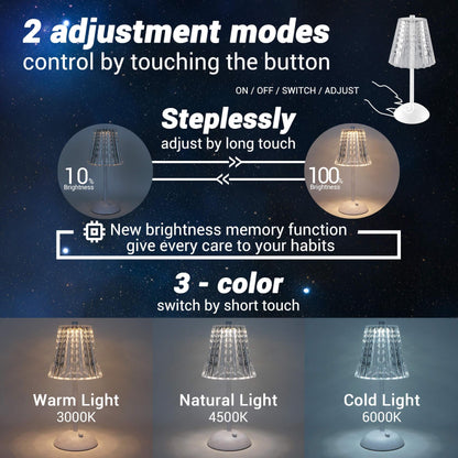 Cordless Rechargeable Lamp, Diamond-White-Amingulry, it has 3 color modes and steplessly brightness adjustment, swift by touching the button.