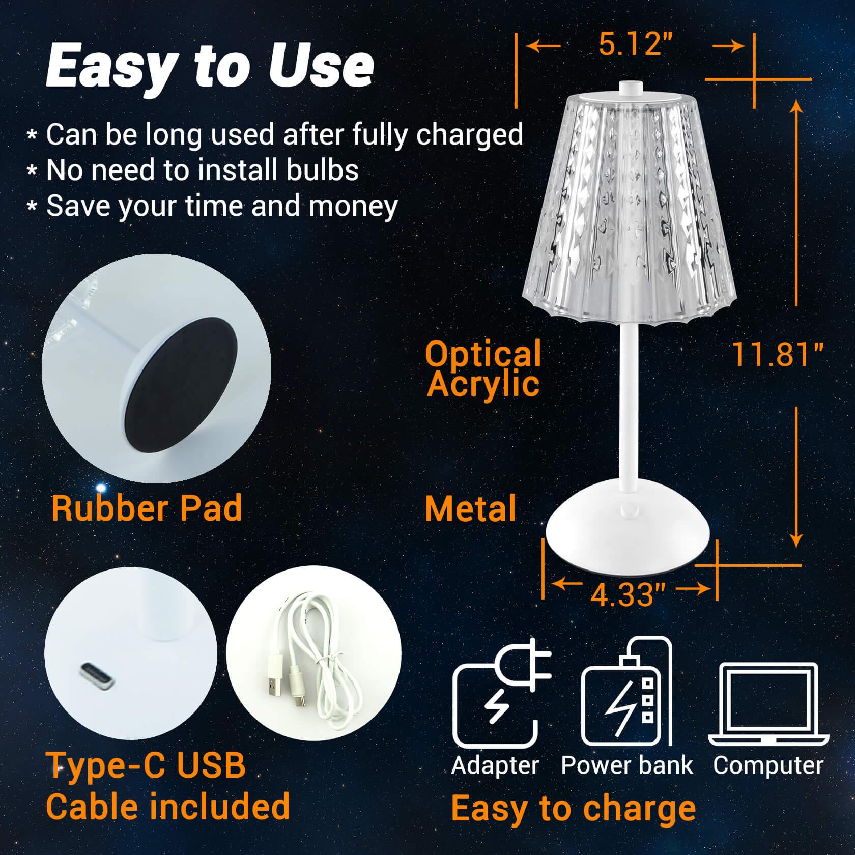 Cordless Rechargeable Lamp, Diamond-White-Amingulry, it has a rubber pad, USB-C port and cable, it is about 11.8" height and 5.1" width.