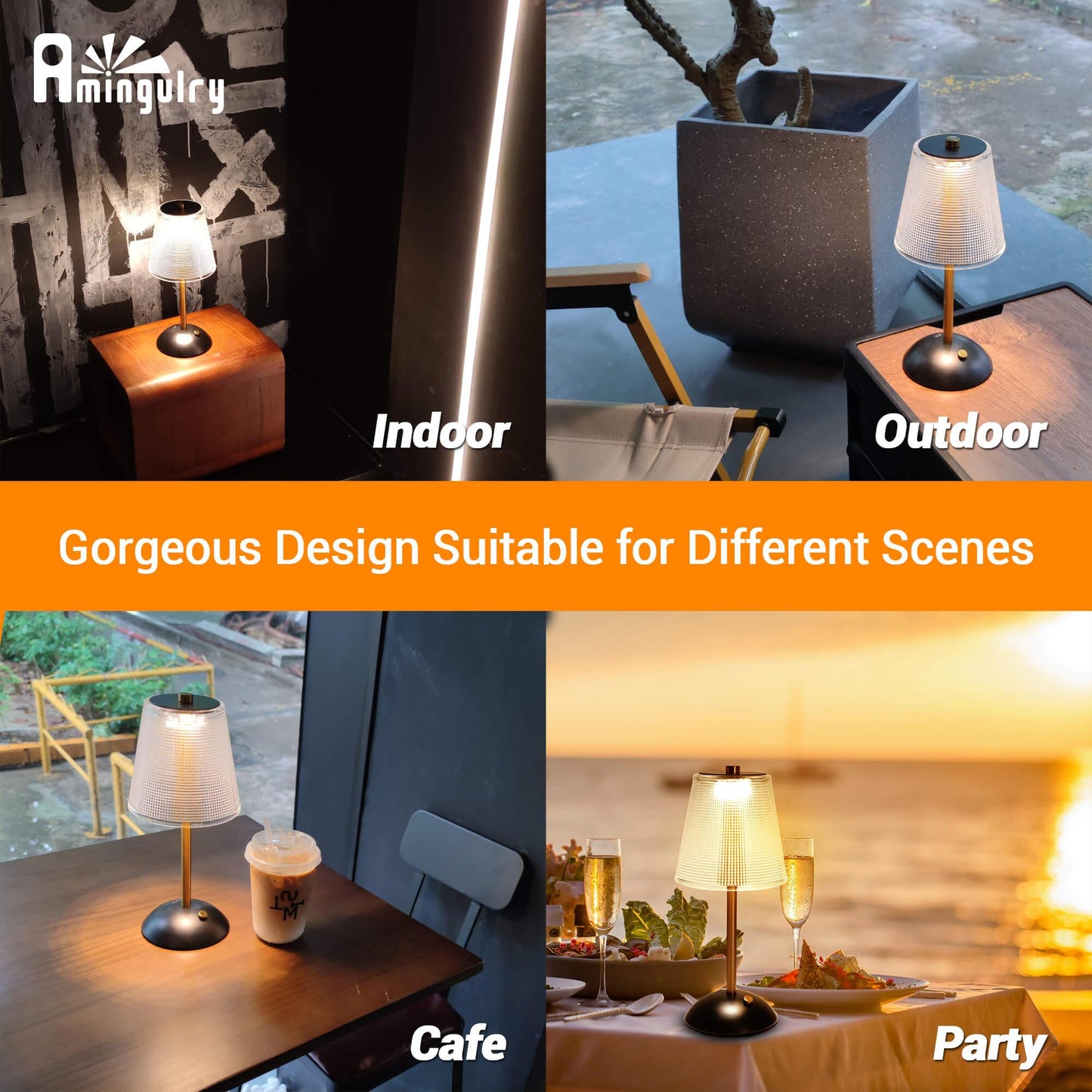 Cordless Rechargeable Lamp, Cube-Black&Gold-Amingulry, gorgeous design for different scenes such as indoor, outdoor, cafe and party.