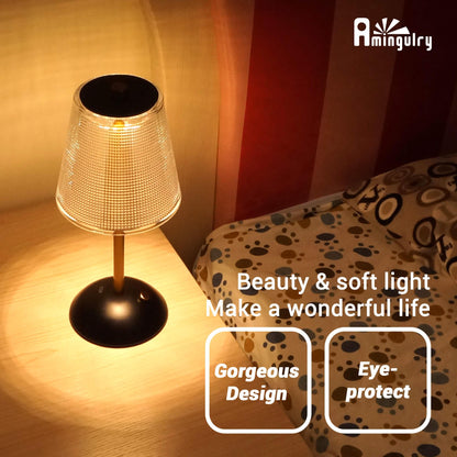 Cordless Rechargeable Lamp, Cube-Black&Gold-Amingulry, shining on beside table at bedroom.