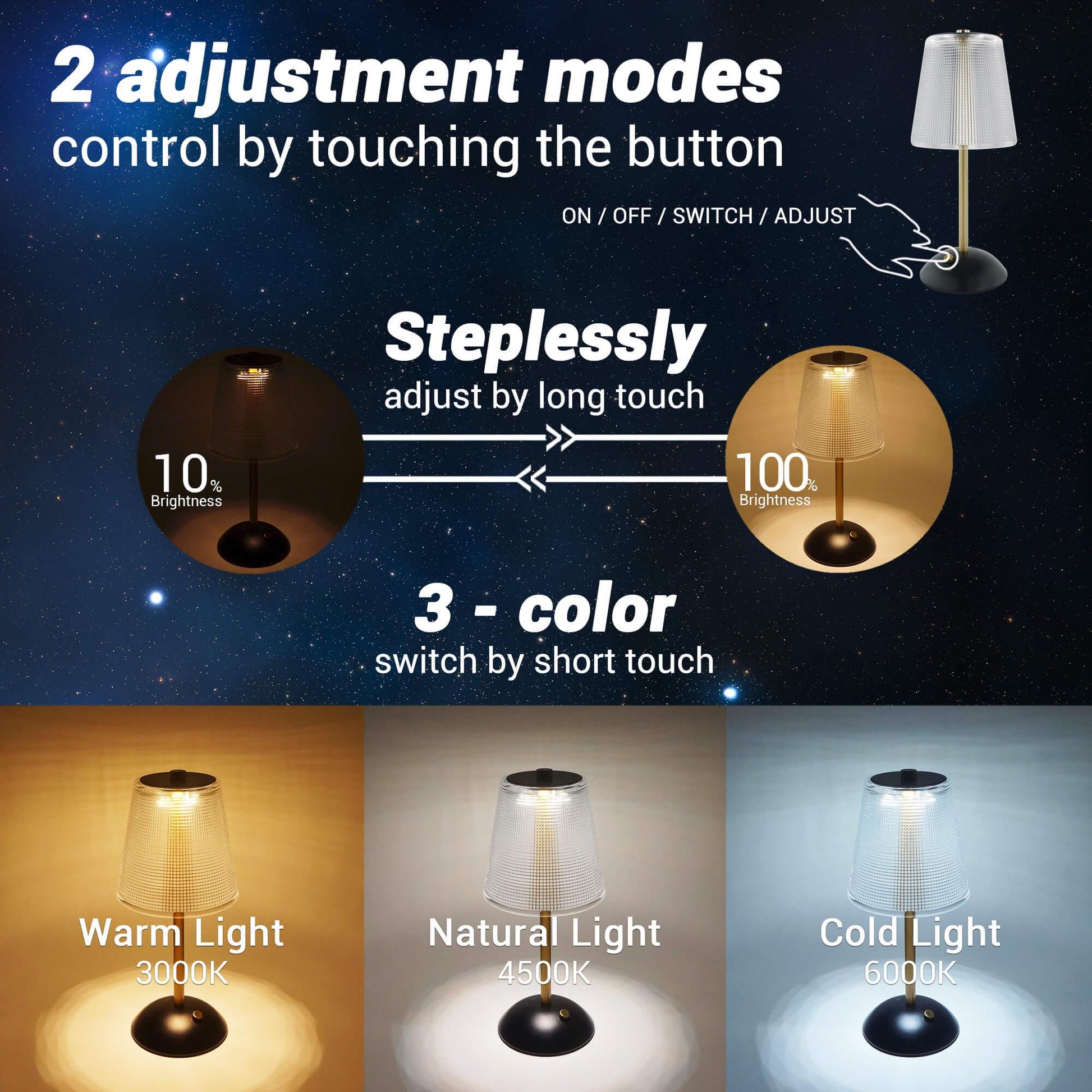 Cordless Rechargeable Lamp, Cube-Black&Gold-Amingulry, it has 3 color modes and steplessly brightness adjustment, swift by touching the button.