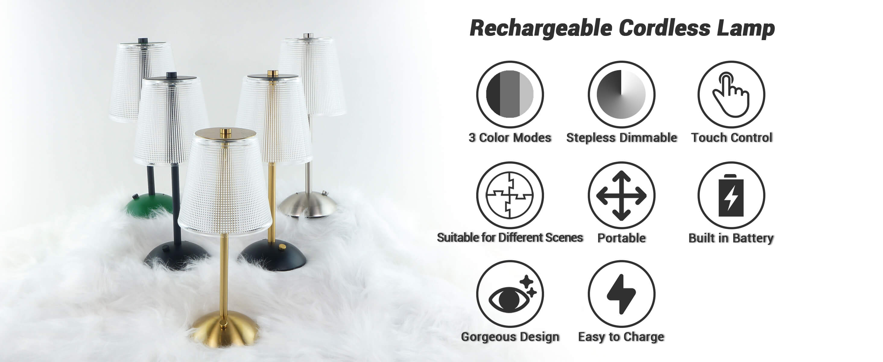 Cordless-Rechargeable-Battery-Retro lamp collection's key view, showing the color options and features of this series.