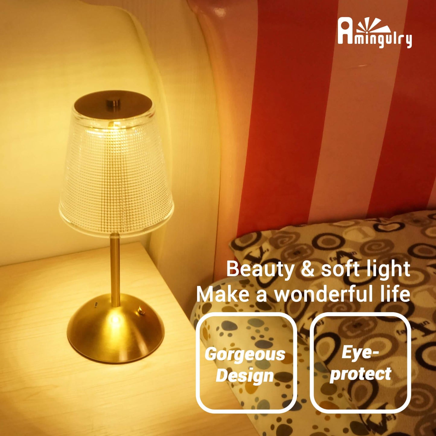 Cordless Rechargeable Lamp, Cube-Gold-Amingulry, shining on beside table at bedroom.