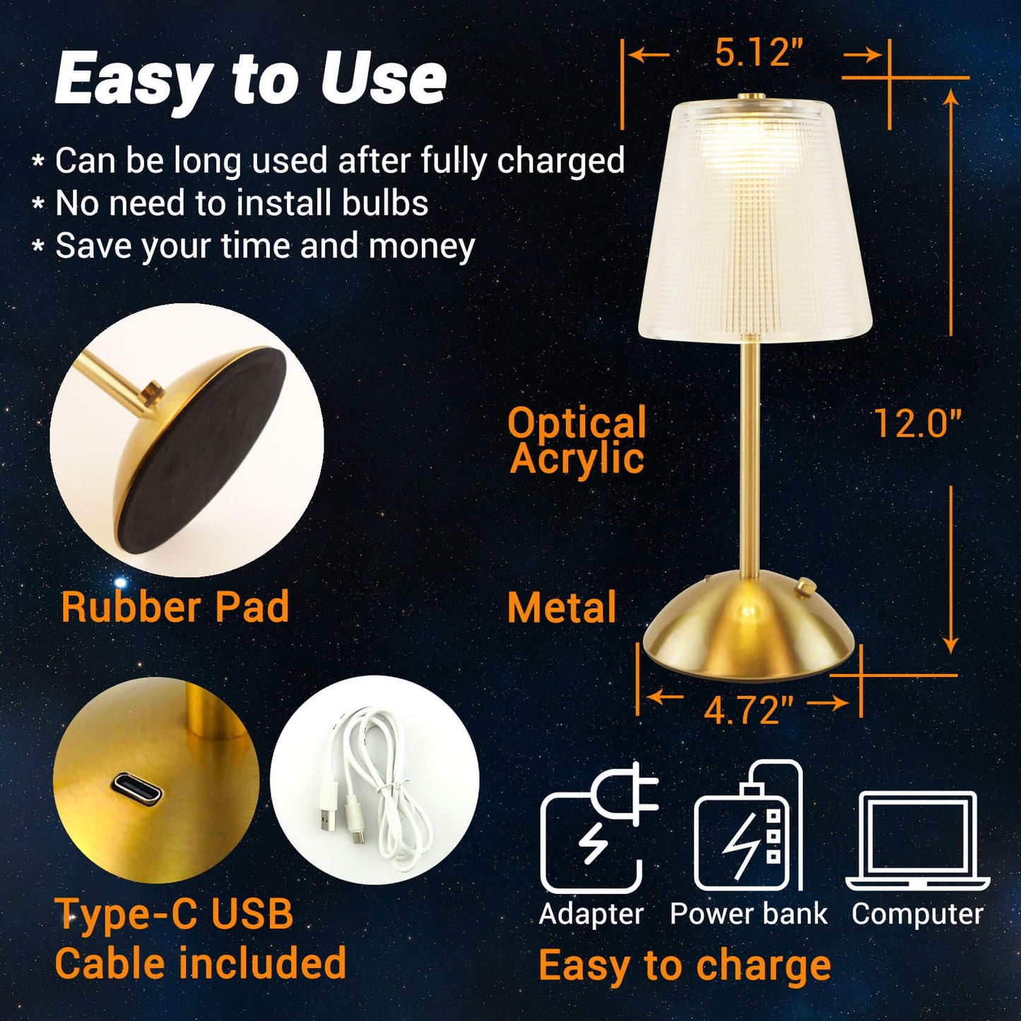 Cordless Rechargeable Lamp, Cube-Gold-Amingulry, it has a rubber pad, USB-C port and cable, it is about 12" height and 5.1" width.