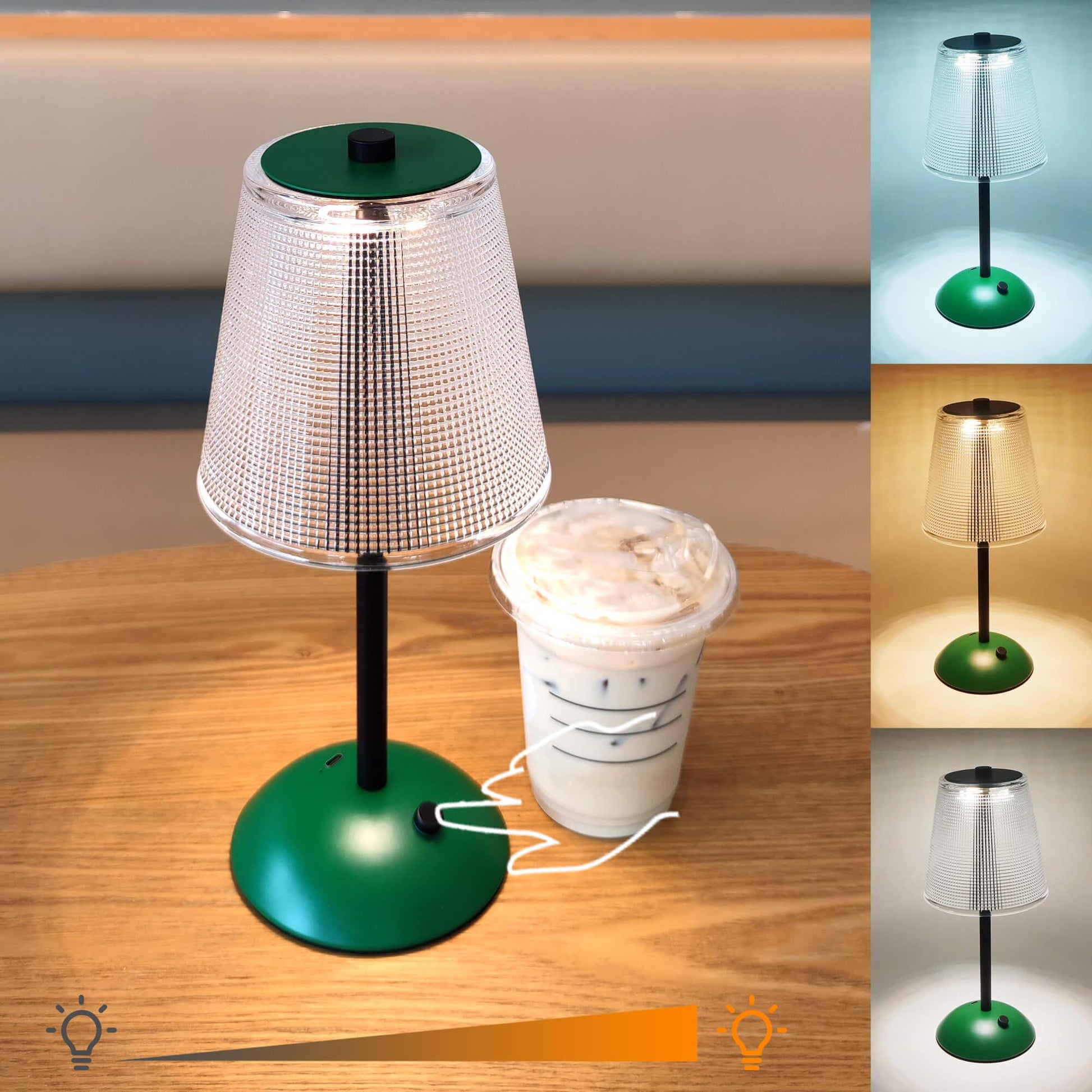 Cordless Rechargeable Lamp, Cube-Green-Amingulry, the Green cordless lamp which has 3 color modes is placed on a table, illuminating and decorating the table.