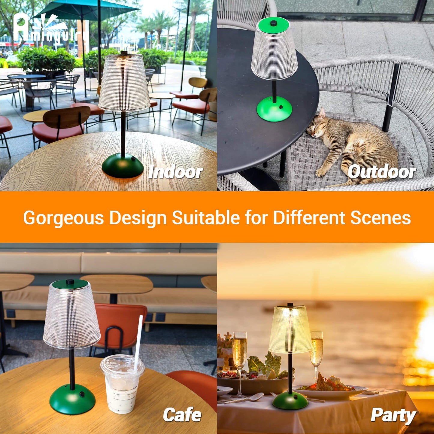 Cordless Rechargeable Lamp, Cube-Green-Amingulry, gorgeous design for different scenes such as indoor, outdoor, cafe and party.