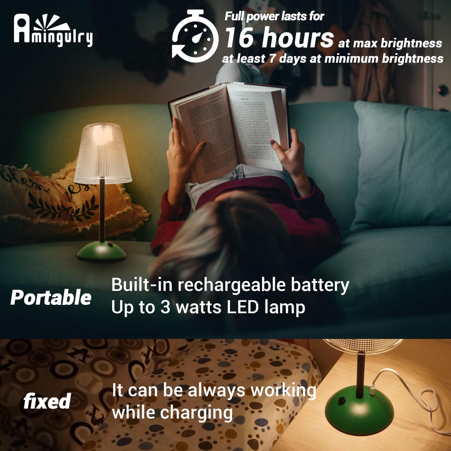 Cordless Rechargeable Lamp, Cube-Green-Amingulry, the lamp build-in a 4000mAh battery, last for more than 16 hours when cordless used.