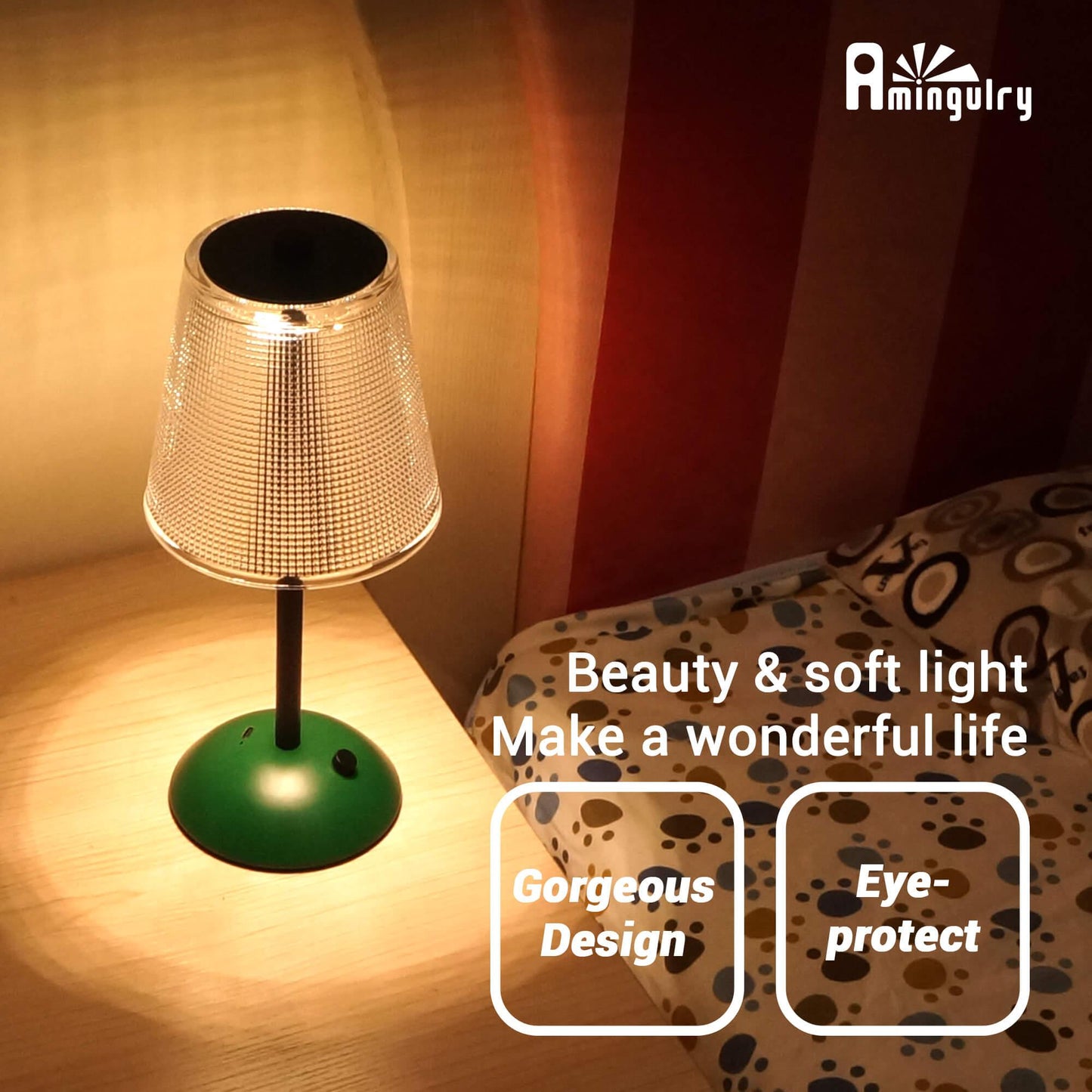 Cordless Rechargeable Lamp, Cube-Green-Amingulry, shining on beside table at bedroom.