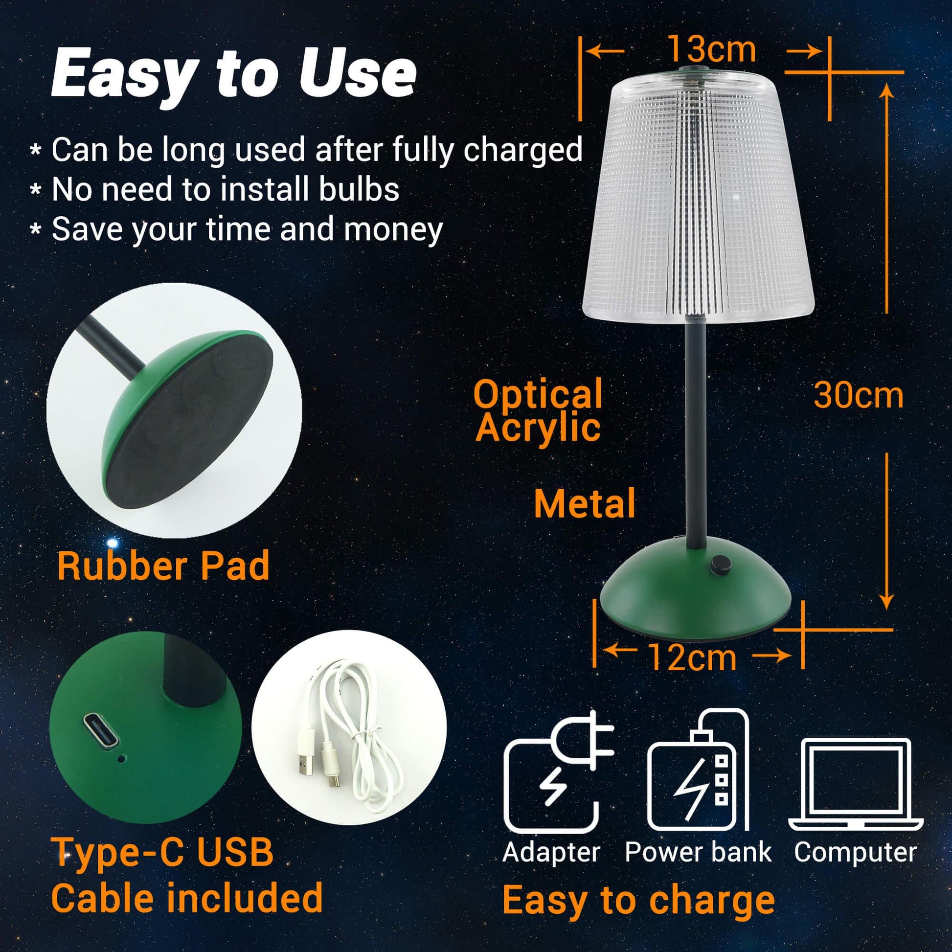 Cordless Rechargeable Lamp, Cube-Green-Amingulry, it has a rubber pad, USB-C port and cable, it is about 12" height and 5.1" width.