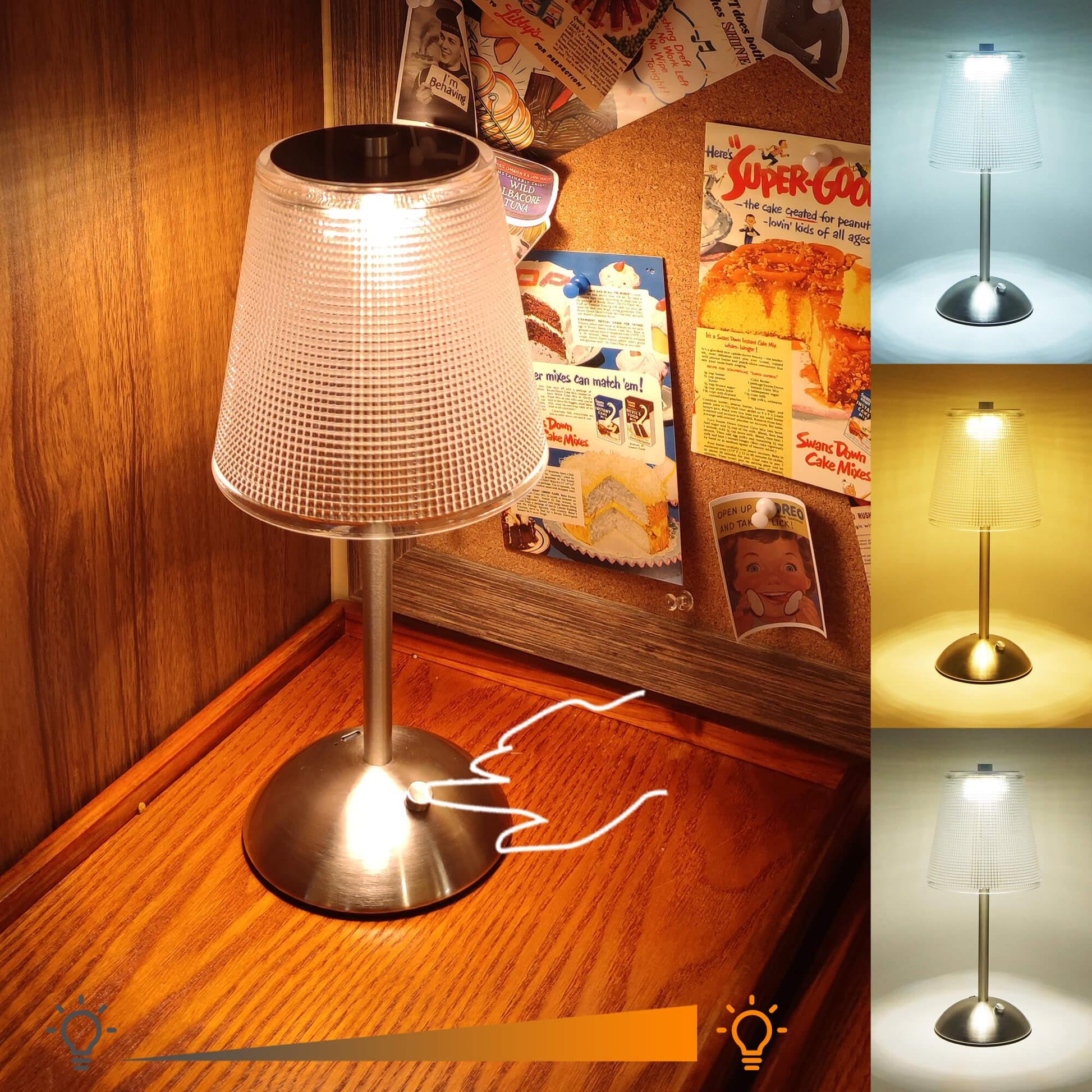 Cordless Rechargeable Lamp, Cube-Nickel-Amingulry, the Nickel cordless lamp which has 3 color modes is placed on a corner, illuminating and decorating the table.