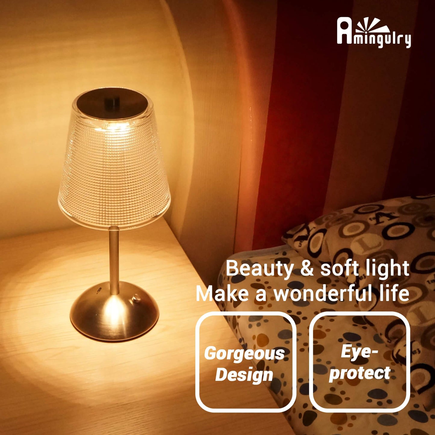 Cordless Rechargeable Lamp, Cube-Nickel-Amingulry, shining on beside table at bedroom.