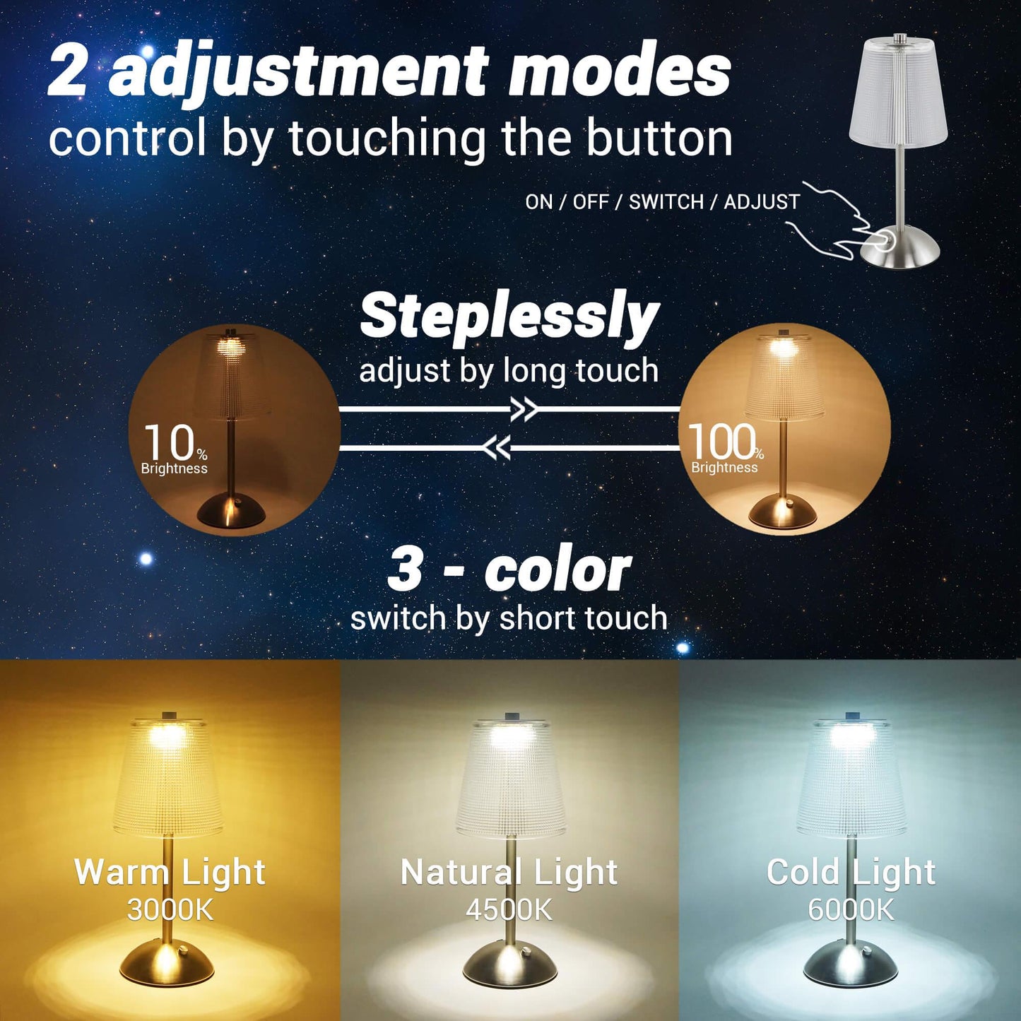 Cordless Rechargeable Lamp, Cube-Nickel-Amingulry, it has 3 color modes and steplessly brightness adjustment, swift by touching the button.