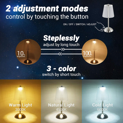 Cordless Rechargeable Lamp, Cube-Nickel-Amingulry, it has 3 color modes and steplessly brightness adjustment, swift by touching the button.