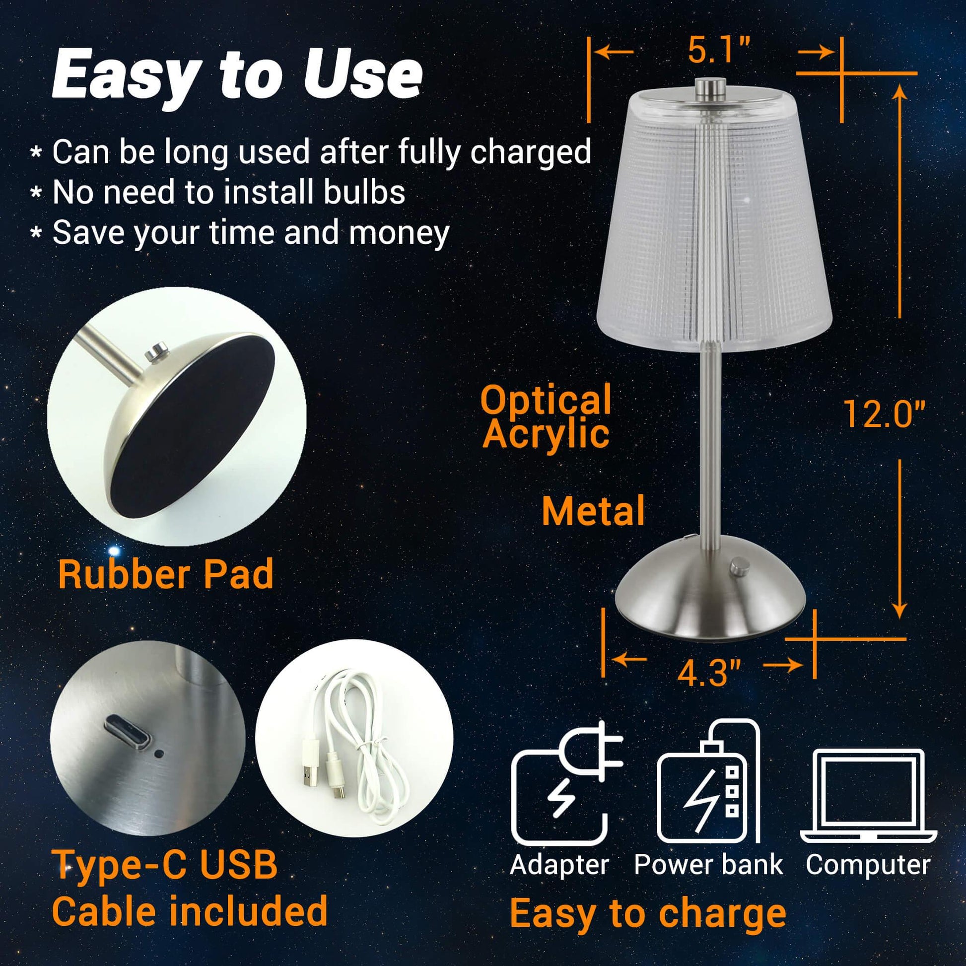 Cordless Rechargeable Lamp, Cube-Nickel-Amingulry, it has a rubber pad, USB-C port and cable, it is about 12" height and 5.1" width.